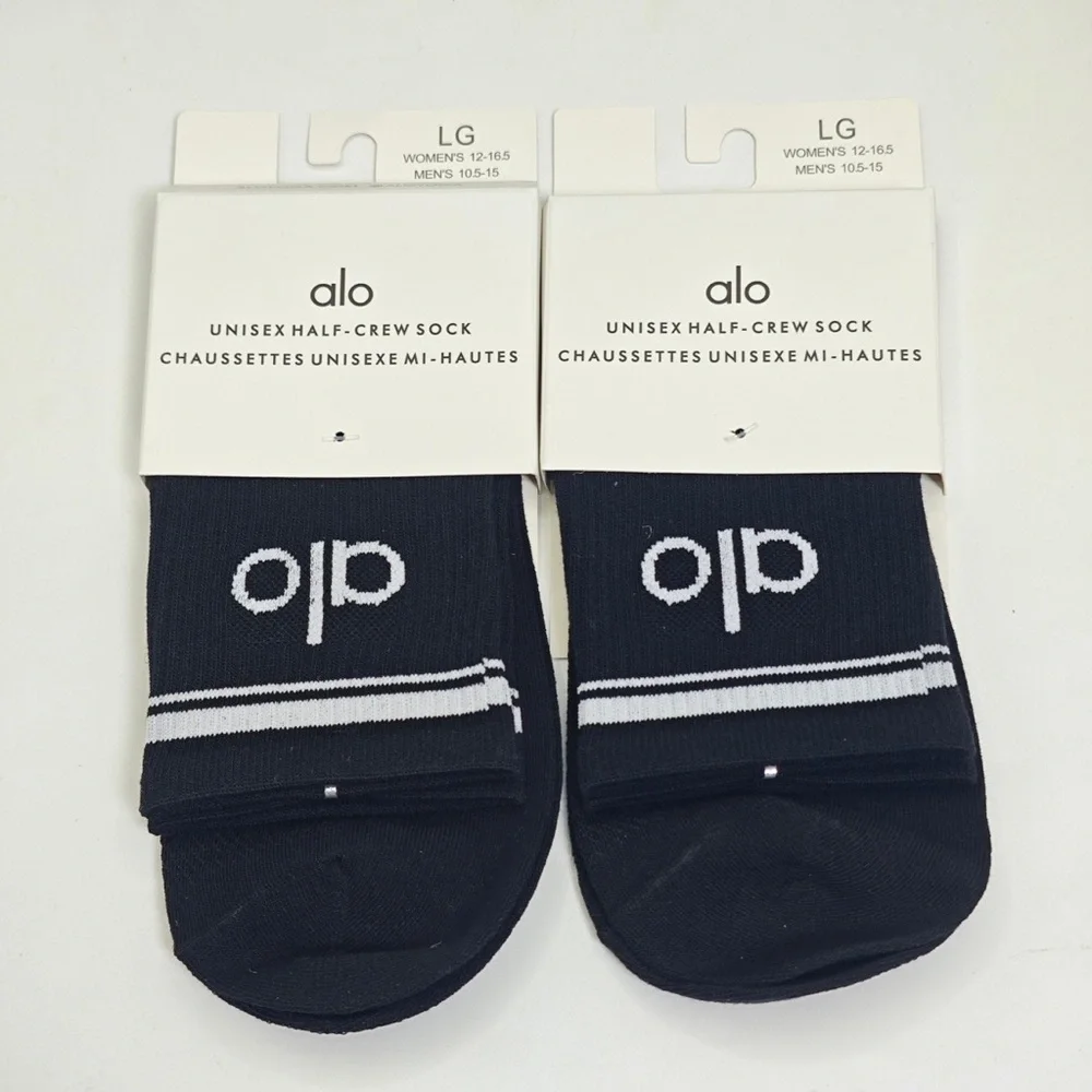 ALO Yoga Black Half-Crew Socks with White Logo and Stripes